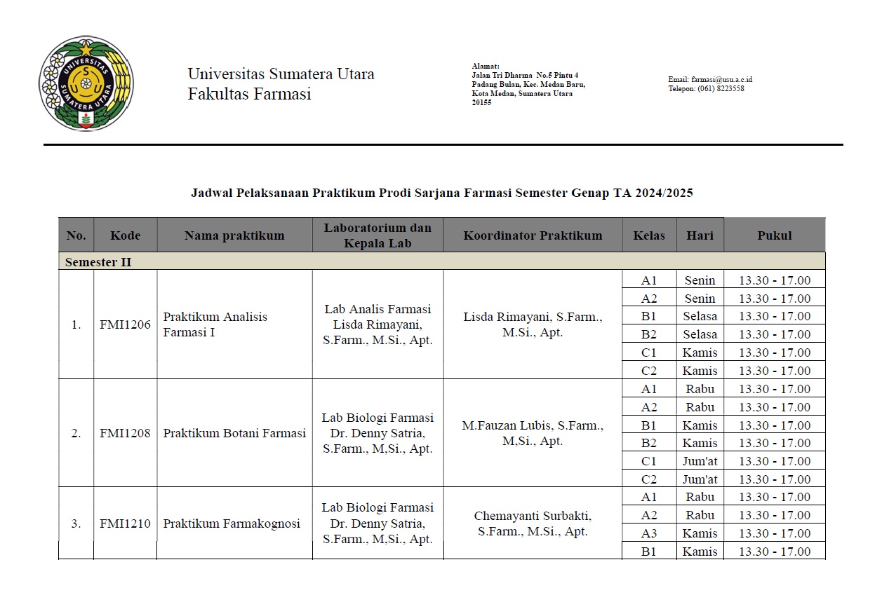Jadwal Pelaksanaan Praktikum Prodi Sarjana Farmasi Semester Genap TA 2024/2025